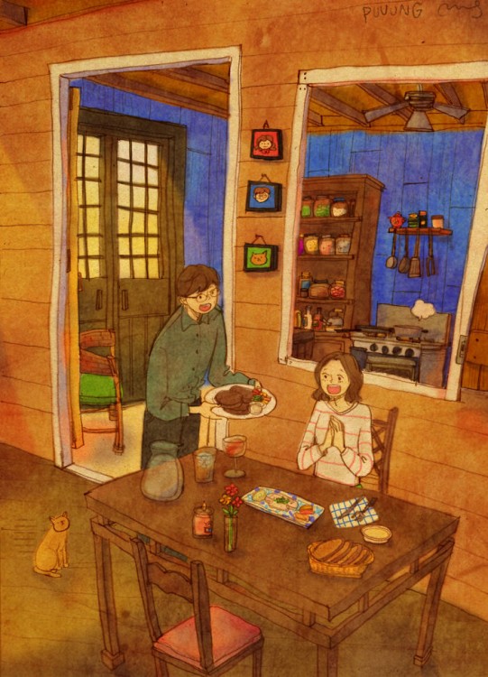 Ilustración de puuung donde el chico le prepara la comida a su chica 