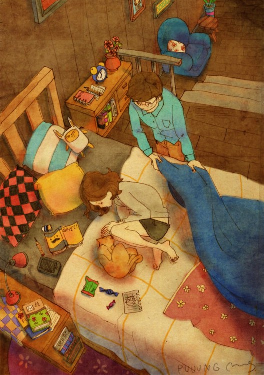 Ilustración de puuung donde el chico esta cobijando a su chica en la cama 