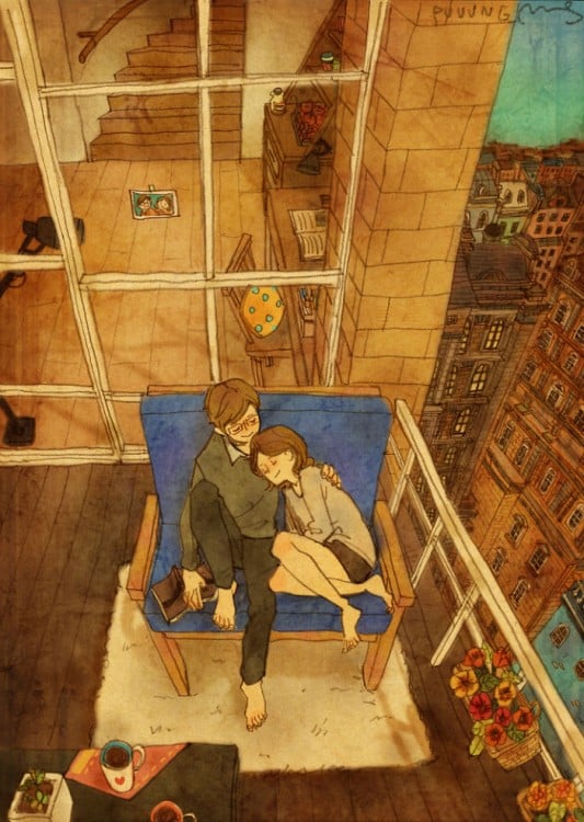 Ilustración de puuung donde la pareja esta sentada abrazándose en el balcón 