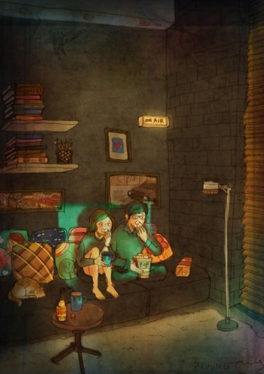 ilustración de Puuung donde la pareja esta viendo televisión y come palomitas 