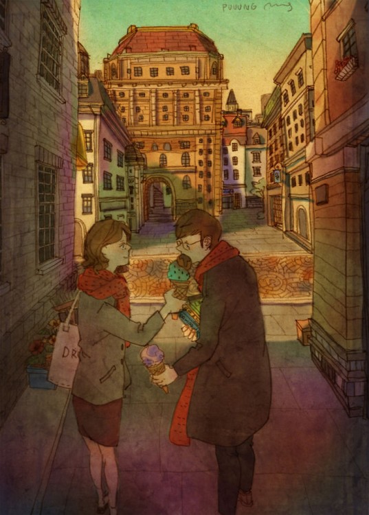 Ilustración de puuung donde la pareja esta compartiendo helado en la calle 