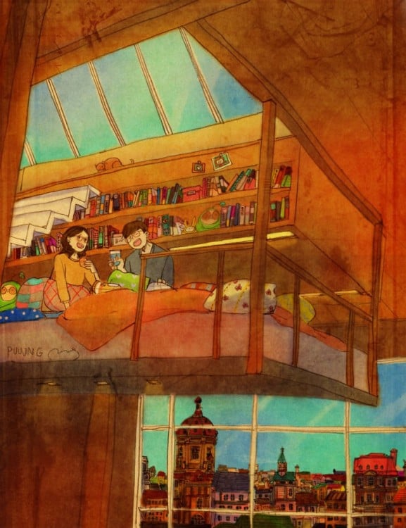 ilustración de puuung donde muestra una pareja tomando café en una cama 
