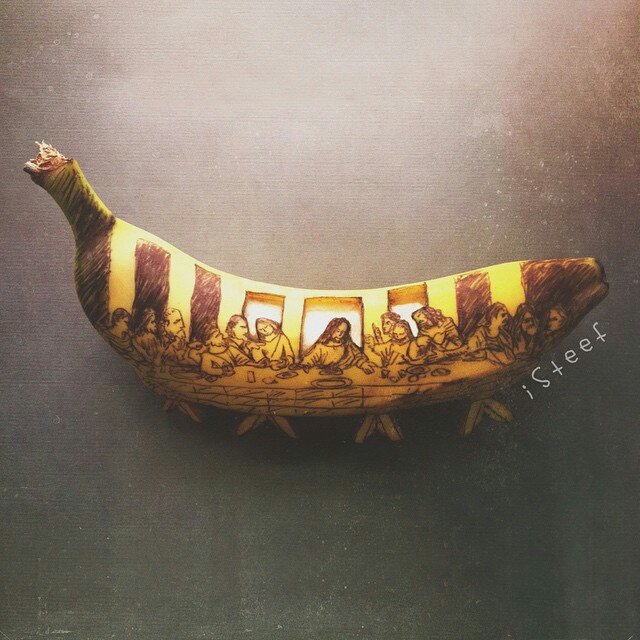 Plátano con el dibujo de la última cena 