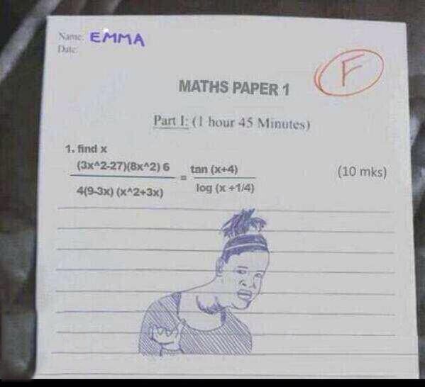 Respuestas graciosas dentro de una ecuación en un examen donde colocan un dibujo de una chica 