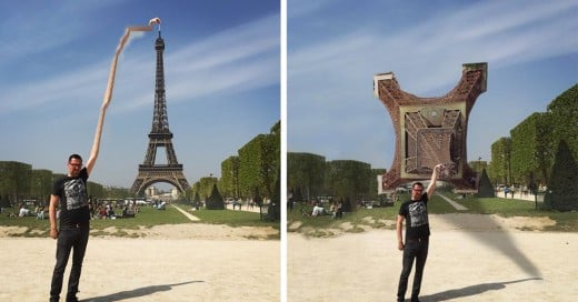 pide le photoshopien la torre eiffel bajo su mano