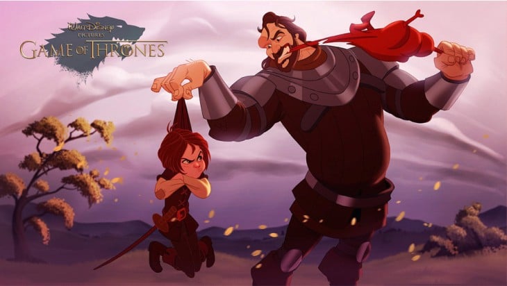Arya Stark y Sandor Clegane de game of thrones diseñados por disney