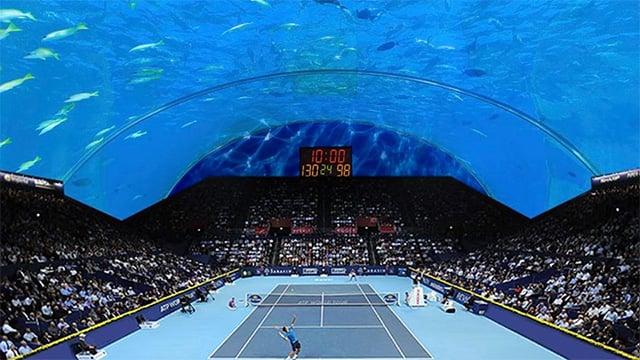 Simulación de un juego de tennis en el proyecto de una cancha debajo del mar en Dubai 