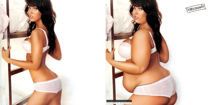 Photoshop del antes y después de Megan Fox con sobrepeso 