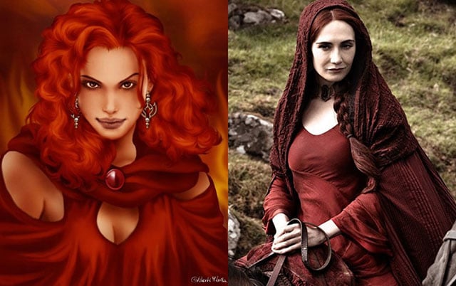 Melisandre conocida como "La mujer de rojo" en su personaje de libro con el de la serie 
