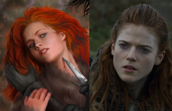 imagen del personaje Ygritte tanto en el libro como en sus serie 