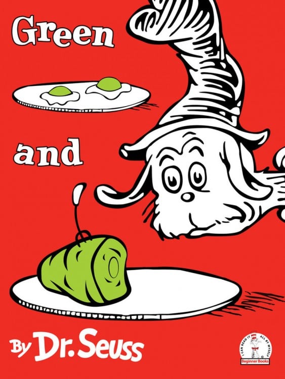 Portada del libro escrito por Dr. Seuss titulado Huevos verdes y jamón