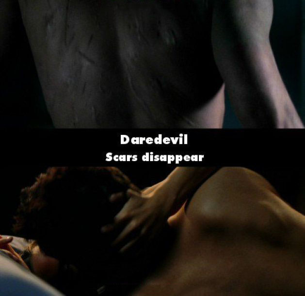 Erro de la película Daredevil donde desaparecen sus cicatrices de una escena a otra 