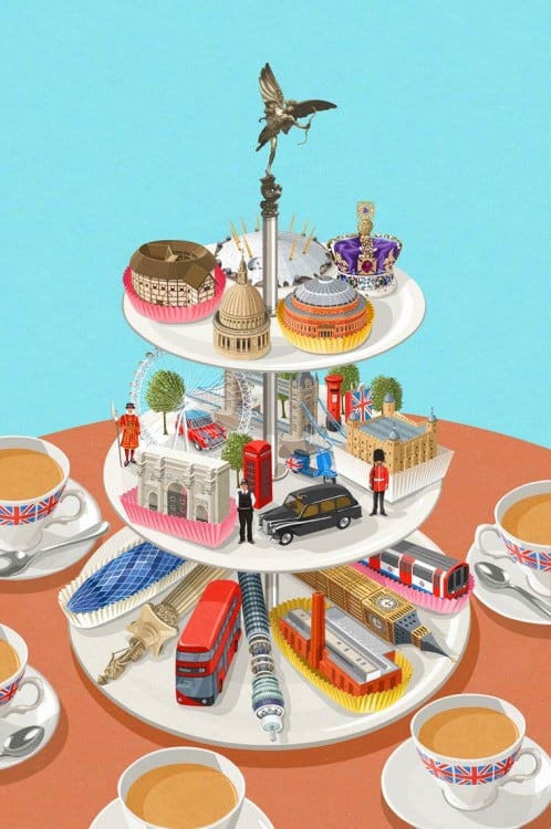 un soporte de pastel con muchas figuras de carros y personas 