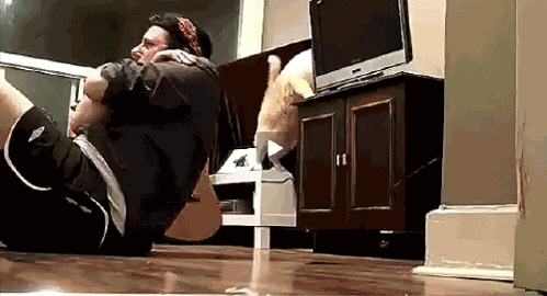 GIF de un chico haciendo abdominales un gato echa encima una televisión 