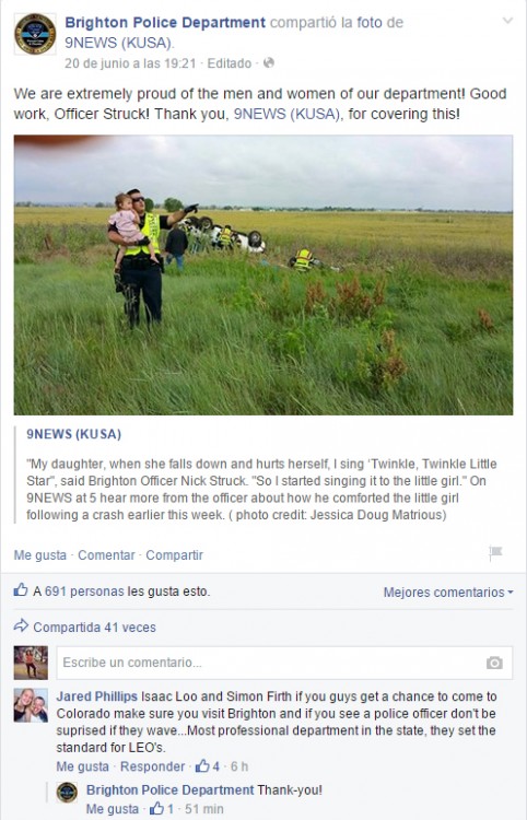 Captura de pantalla donde publican en Facebook que un policía del Departamento de Policía Brighton distrajo a una niña para evitar que viera a su padre muerto en Colorado