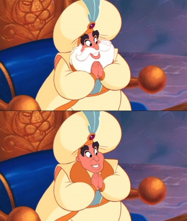 Comparación de la foto del Súltan de Aladdin con y sin barba 