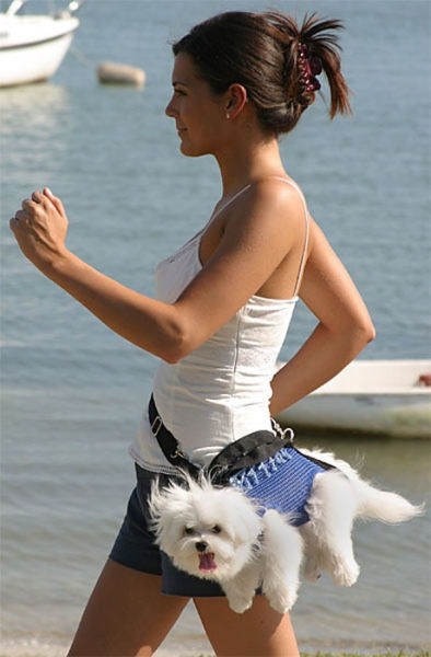 Una chica caminando por la calle con su perro colgado a un costado 