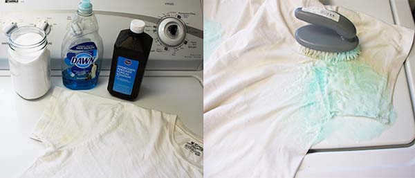 Foto divida en dos partes donde muestra artículos de limpieza para quitar las manchas de una blusa blanca 