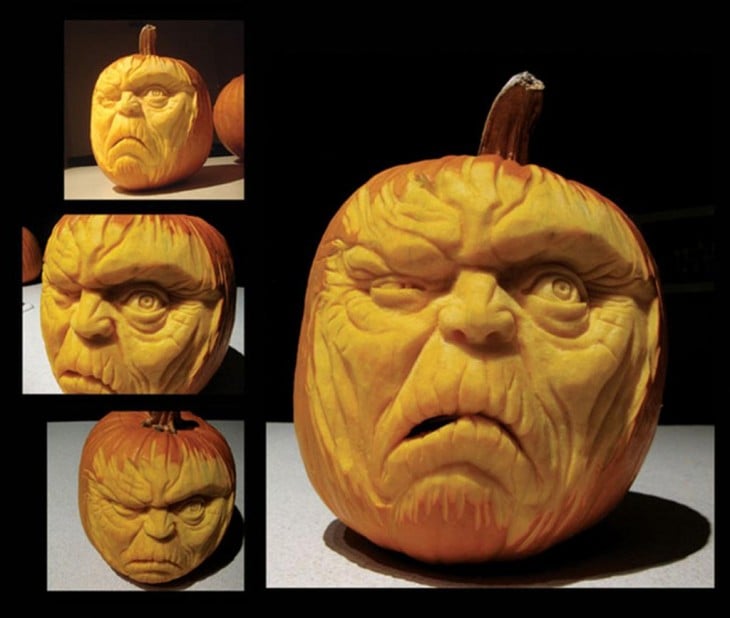 arte en calabazas con la forma de una cara con un ojo cerrado 