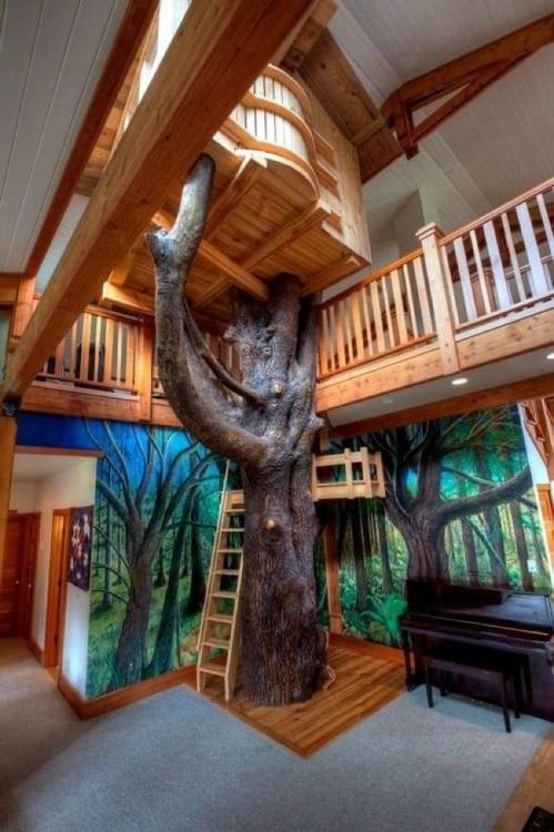 escaleras alrededor de un árbol dentro de una casa 