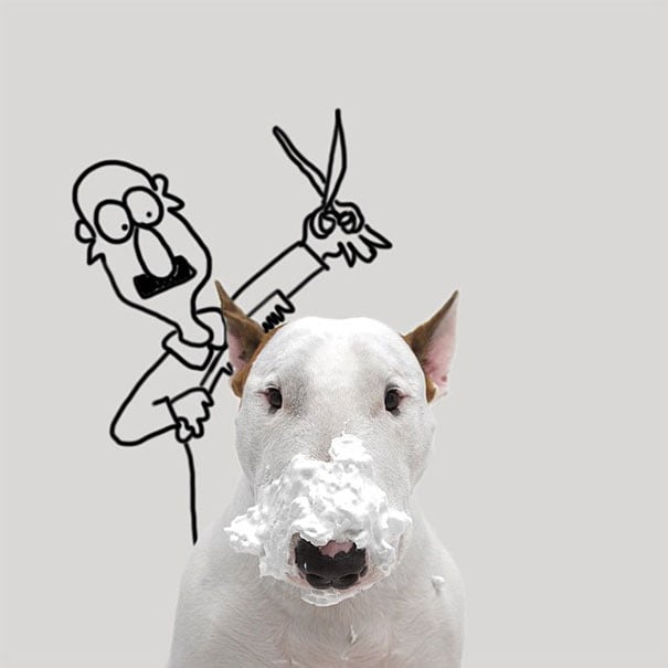 dibujo de un barbero con un perro 