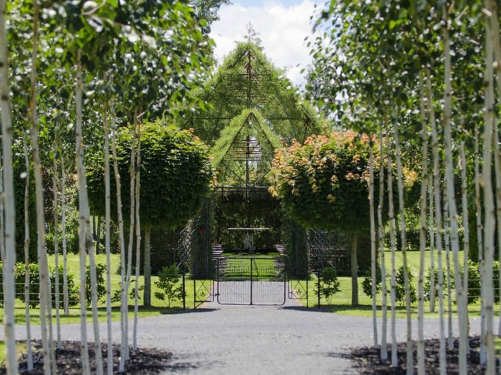 vista frontal lejana de la iglesia que se contruyo con arboles en nueva zelanda