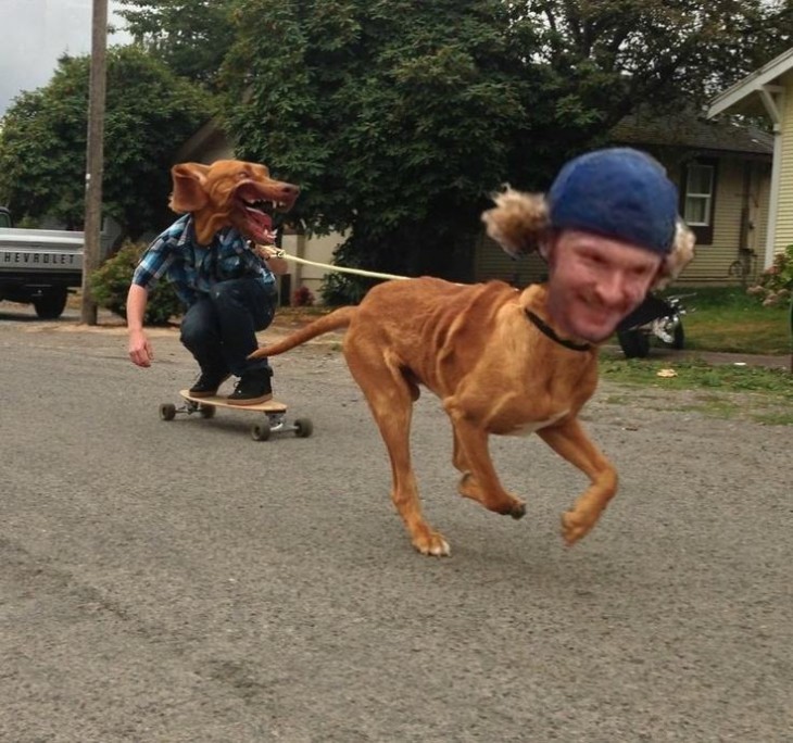 Chico en patineta con cara de perro y perro con cara de hombre 