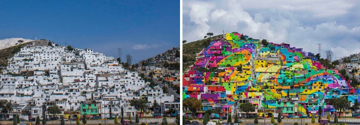 imagen dividida en dos donde la colonia Palmitas esta pintada de blanco y luego a color 