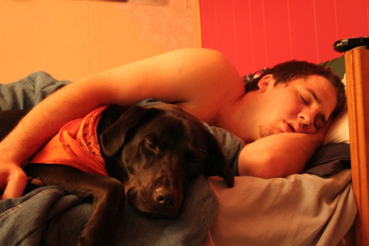 Chico dormido en una cama abrazado de su perro 