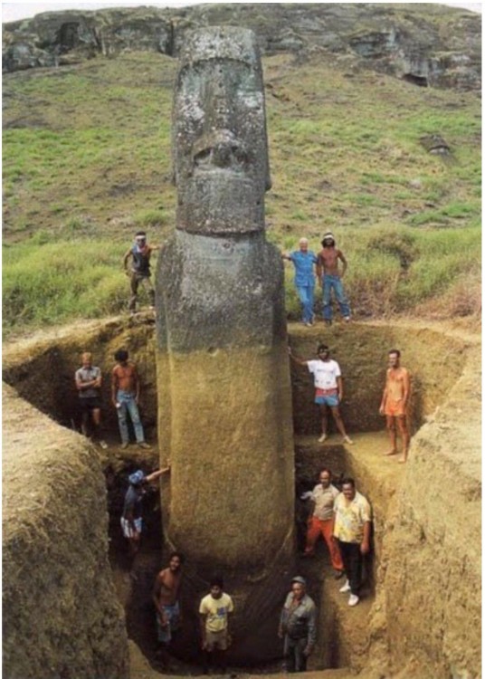 cuerpo de moai al decubierto una vez que ha sido desenterrado por alrqueologos que muestran la enormidad de la estatua