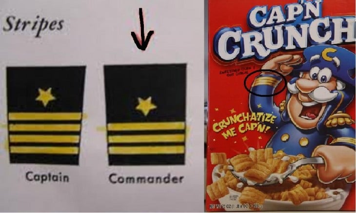 Caja de cereal Cap´n Crunch en comparación con las insignias de capitán y comandante 
