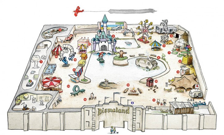 Croquis de los lugares que tiene el parque de arte Dismaland