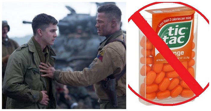 Imagen dividida en dos partes de una caja de Tic Tac con una escena de la película Furia 
