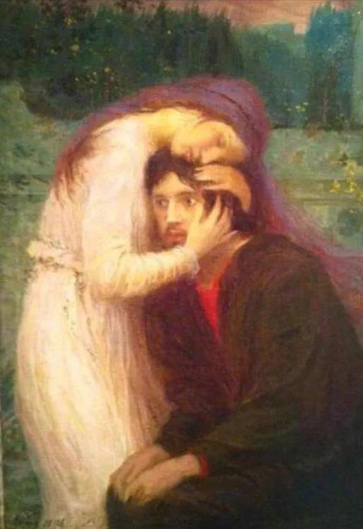 cuadro renacentista donde una mujer está abrazando a un hombre 