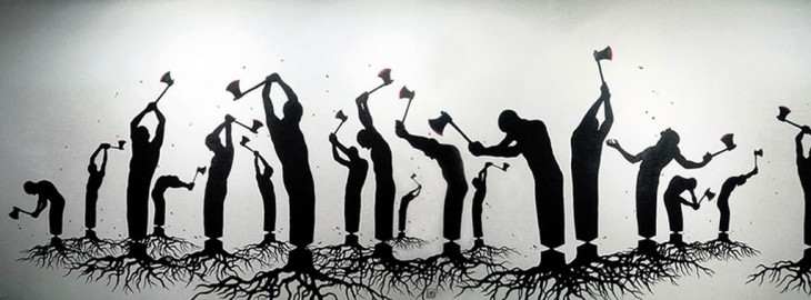 Dibujo de personas en forma de árboles talándose ellos mismos 