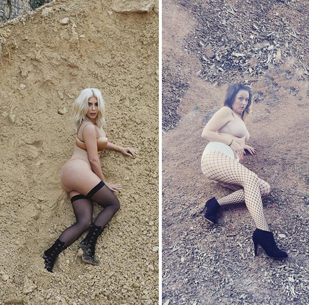 Comediante australiana recreando una foto de Kim Kardashian en un montón de tierra 