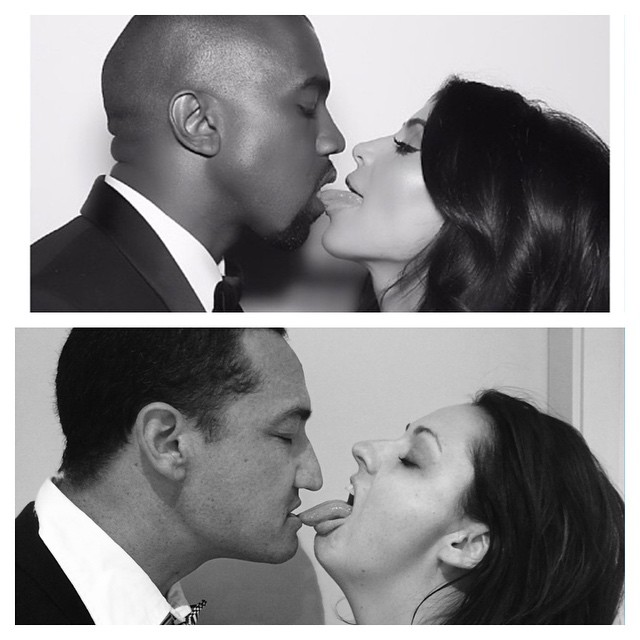 mujer recreando la foto de Kim Kardashian lamiendo los labios de un hombre 