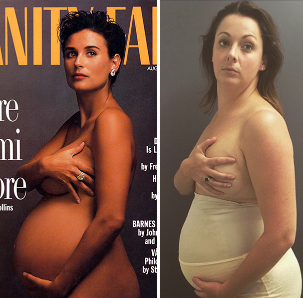 Comediante recreando una fotografía de Demi Moore embarazada en una revista 