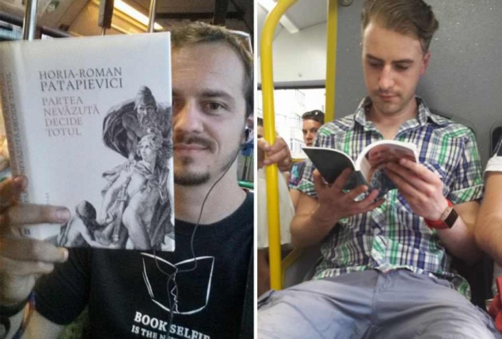 Víctor Miron en el transporte público de Rumania con un libro en su mano 