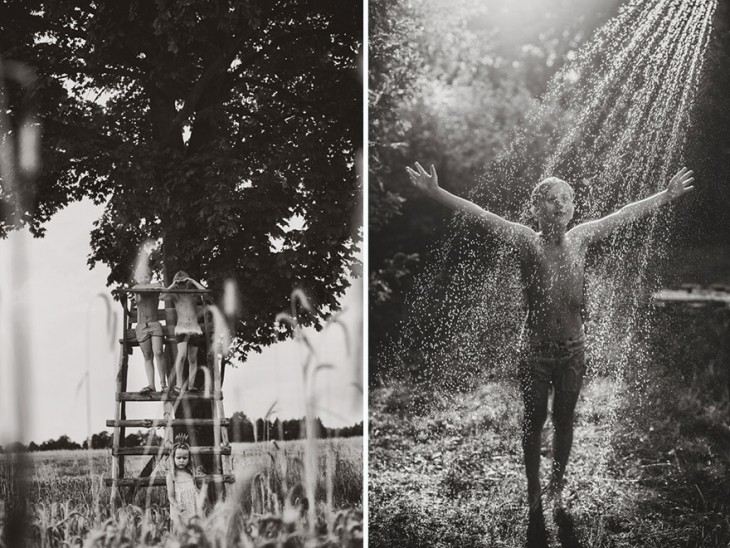 fotografía dividida en dos partes de un niño mojándose 