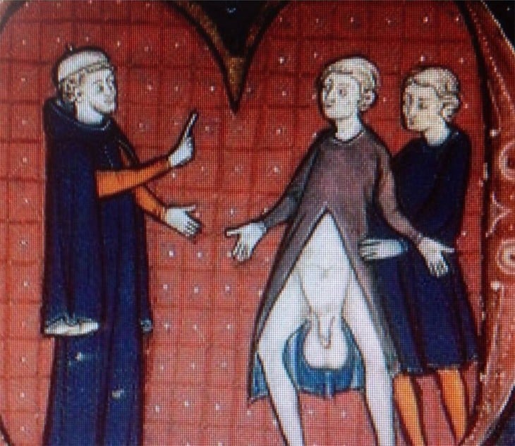 imagenes con doble sentido en el arte medieval donde el hombre muestra los testiculos