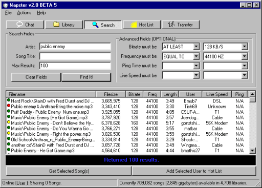 Captura de pantalla del programa Napster para descargar música 