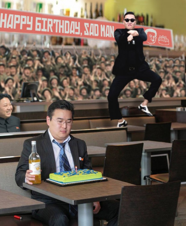 Photoshop de una foto de un chico con pastel y detrás de él PSY bailando gangnam style
