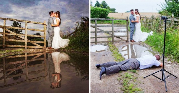 Fotógrafo tirado en el suelo durante una sesión de fotos de una boda