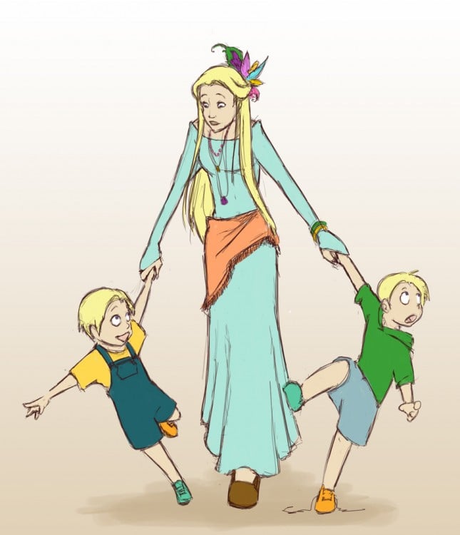 Luna Lovegood con sus hijos mellizos, personajes de la saga de Harry Potter 