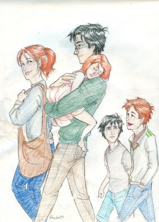 Dibujo de Harry Potter junto a la familia que formo con Ginny Weasley