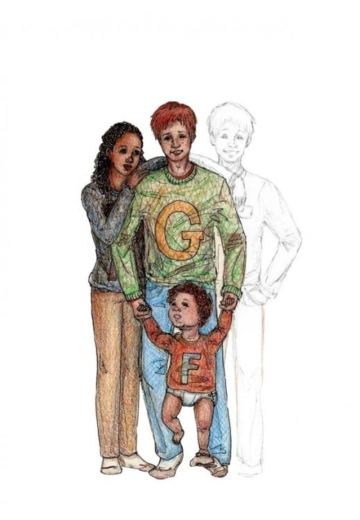 Dibujo de George Weasley y Angelina Johnson, personajes de la saga de Harry Potter