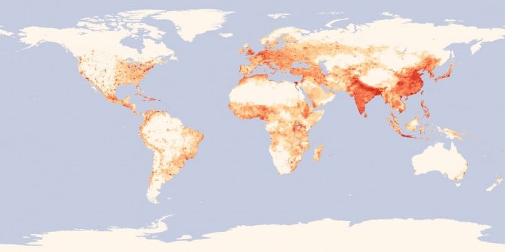 Relatedly, a map showing the population density around the world.