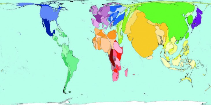 así se verian los paises si se acomodara la tierra respecto a la cantidad de su población mundial