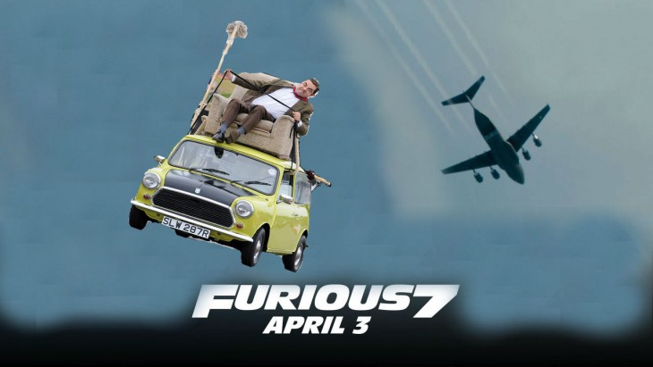 Photoshop de Mr. Bean en su carro sobre un cartel de Furious 7 